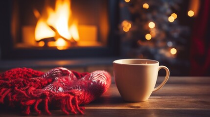 Cup of hot drink in front of warm fireplace. Holiday Christmas concept. Mug in red knitted mitten standing near fireside.
