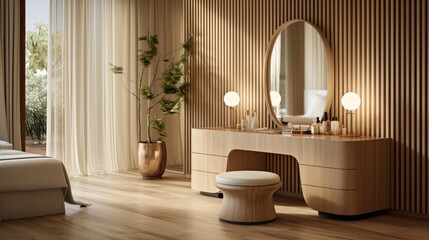 Fototapeta na wymiar Dressing table and stump chair. Interior design of modern bedroom with wooden