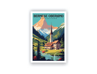 Bernese Oberland, Switzerland. Vintage Travel Posters. Vector illustration. Famous Tourist Destinations Posters Art Prints Wall Art and Print Set Abstract Travel for Hikers Campers Living Room Decor 