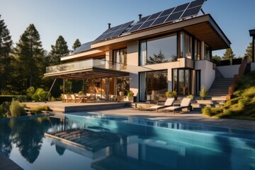 Fototapeta premium Exterior of beautiful modern house with solar panels on roof. Luxury