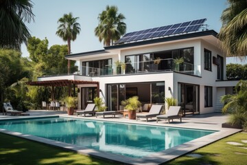 Fototapeta premium Exterior of beautiful modern house with solar panels on roof. Luxury