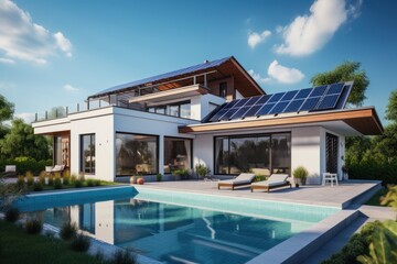 Fototapeta premium Exterior of beautiful modern house with solar panels on roof. Luxury