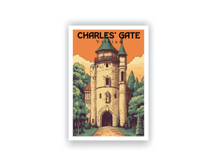 Charles' Gate, Vilnius. Vintage Travel Posters. Vector illustration. Famous Tourist Destinations Posters Art Prints Wall Art and Print Set Abstract Travel for Hikers Campers Living Room Decor 