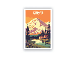 Denali National Park, USA. Vintage Travel Posters. Vector illustration. Famous Tourist Destinations Posters Art Prints Wall Art and Print Set Abstract Travel for Hikers Campers Living Room Decor