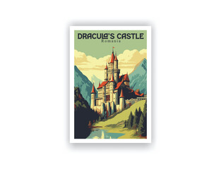 Dracula's Castle, Romania. Vintage Travel Posters. Vector illustration. Famous Tourist Destinations Posters Art Prints Wall Art and Print Set Abstract Travel for Hikers Campers Living Room Decor