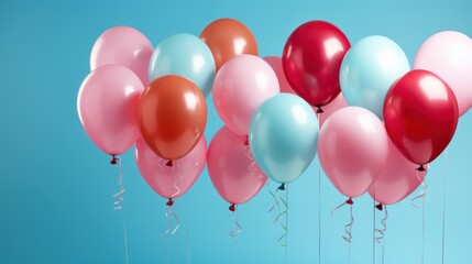 Group of colorful festive glossy balloons on blue background.