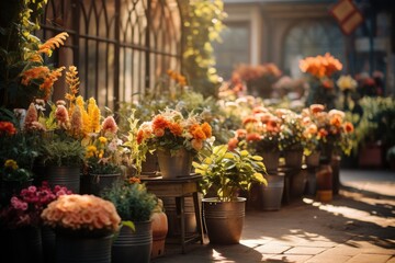 A summer street of a provincial town filled with flowers.