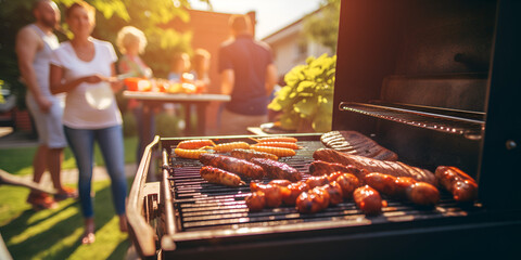 barbecue on the grill family party,,
A delicious spread of grilled meats and vegetables on a backyard BBQ grill - Food Photography 