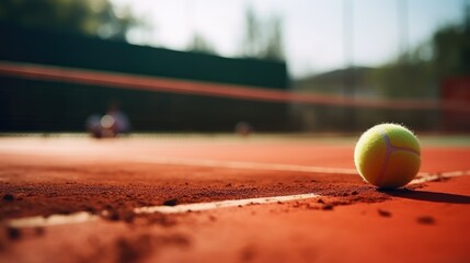 Tennis ball lies orange court. Yellow game ball close up while play match. Sport court background. Workout training field. Sporty outdoor stadium closeup. Mockup tournament. Empty space place for text