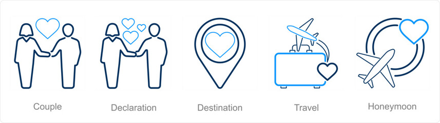 A set of 5 Honeymoon icons as couple, declaration, destination
