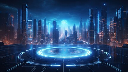 Futuristic Cityscape at Night with Glowing Skyscrapers and a Central Circular Structure - obrazy, fototapety, plakaty