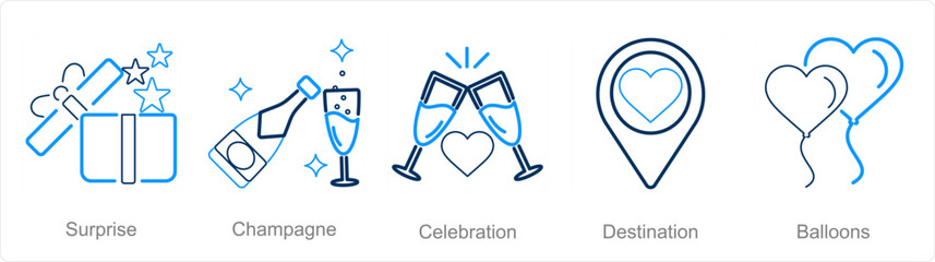 A set of 5 Honeymoon icons as surprise, champagne, celebration © popcornarts