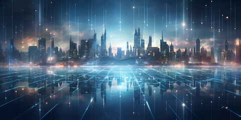 fountain in the city,Cityscape at night technology background with modern building and city AI generate,A cityscape with a blue background and the lights of the city.