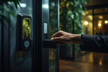 Hand using electronic smart contactless key card for unlock door in hotel or house