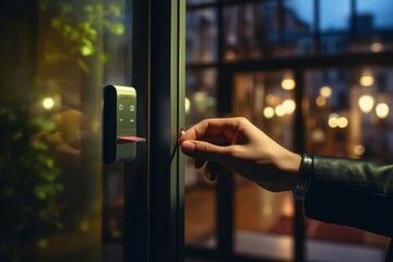 Hand using electronic smart contactless key card for unlock door in hotel or house