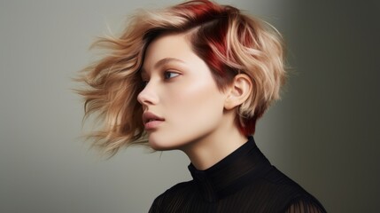 Naklejka premium Studio portrait of a young blonde woman with a short haircut on a gray background. Fashion and beauty.