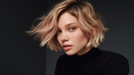 Studio portrait of a young blonde woman with a short haircut on a gray background. Fashion and beauty.