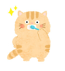腰に手をあてて歯磨きをするねこ　茶トラ