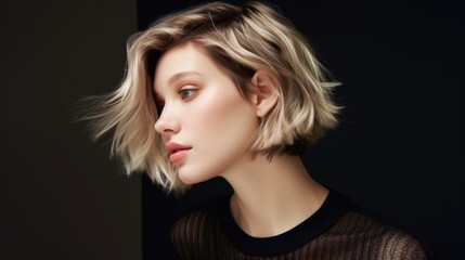 Studio portrait of a young blonde woman with a short haircut on a gray background. Fashion and beauty.