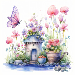 Watercolour Fairy Garden isolated on white background