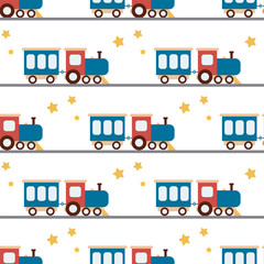 Baby steam locomotive seamless pattern. Railroad with trains background. Stars and transport print for boy textiles, packaging, kid clothing and design, vector illustration