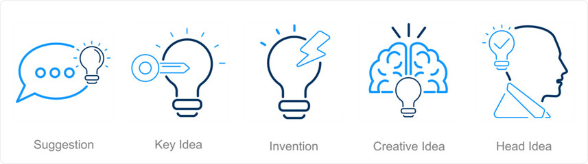A set of 5 Idea icons as suggestion, key idea, invention