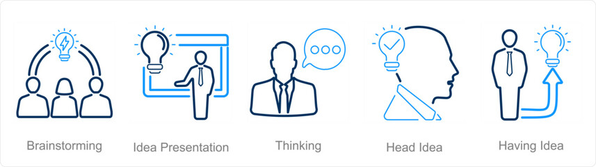A set of 5 Idea icons as brainstorming, idea presentation, thinking