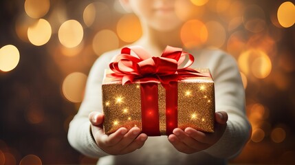 Small christmas blessing box with a ruddy bow in childrens hands on an light background