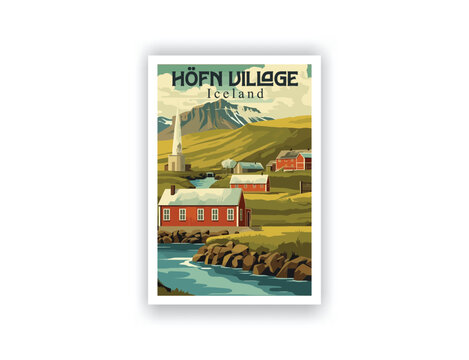 Höfn Village, Iceland. Vintage Travel Posters. Vector illustration. Famous Tourist Destinations Posters Art Prints Wall Art and Print Set Abstract Travel for Hikers Campers Living Room Decor