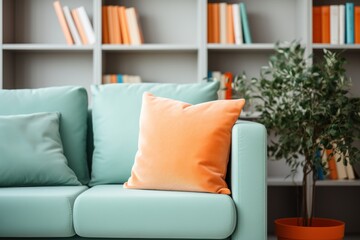 Mint sofa with orange pillows against bookcase. Home library.