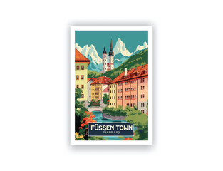 Füssen Town, Germany. Vintage Travel Posters. Vector illustration. Famous Tourist Destinations Posters Art Prints Wall Art and Print Set Abstract Travel for Hikers Campers Living Room Decor