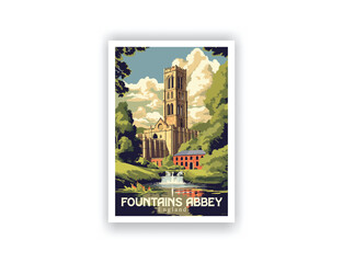 Fountains Abbey, England. Vintage Travel Posters. Vector illustration. Famous Tourist Destinations Posters Art Prints Wall Art and Print Set Abstract Travel for Hikers Campers Living Room Decor