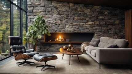 Sofa and chair by fireplace in wild stone cladding wall.