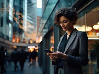 A young business lady uses a smartphone while in the business district of the city against the backdrop of high-rise buildings. Successful young woman, businesswoman.