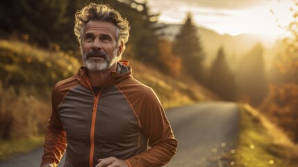 Obraz premium An elderly man leads an active lifestyle and goes jogging in nature. Healthy lifestyle. Happy old age and retirement.