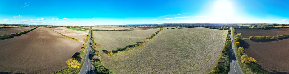 Aerial Ultra Wide Panoramic View of Countryside Landscape and Agricultural Farms of Letchworth...