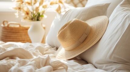 Fototapeta na wymiar Straw hat on pillows. Close up of bed with white bedding.