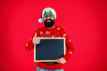 Santa Claus man offer New Year sale. Santa man offer holiday shopping. Xmas advertisement, copy...