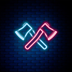 Glowing neon line Crossed wooden axe icon isolated on brick wall background. Lumberjack axe. Colorful outline concept. Vector