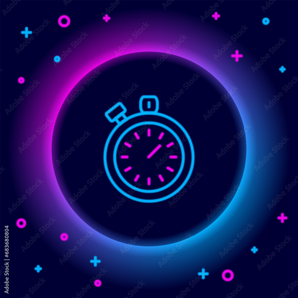Poster glowing neon line stopwatch icon isolated on black background. time timer sign. chronometer sign. co