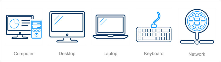 A set of 5 Internet Computer icons as computer, desktop, laptop