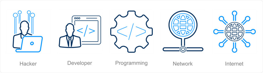A set of 5 Internet Computer icons as hacker, developer, programming