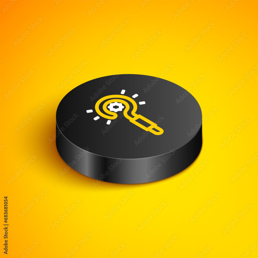 Poster isometric line magic wand icon isolated on yellow background. star shape magic accessory. magical po