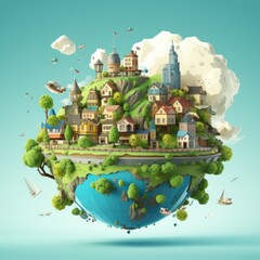 Planet earth with houses, nature and cities around / Illustration of planet earth, cartoon design