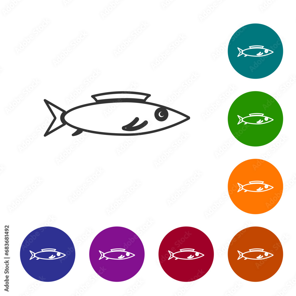 Poster black line fish icon isolated on white background. set icons in color circle buttons. vector.