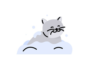 Illustration of a very happy cat. Cat plays on snowdrifts. enjoy winter. a funny, cute, and adorable animal character. flat or cartoon illustration design. vector elements. white background