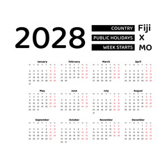 Calendar 2028 English language with Fiji public holidays. Week starts from Monday. Graphic design vector illustration.