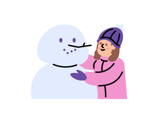 Illustration of a woman who is happy and making a snowman. play with snow. enjoy winter. winter clothes. the character of people. flat or cartoon illustration design. vector elements