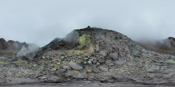 Volcano crater and fumaroles Mount Sibayak. Sumatra, Indonesia. 360 panorama VR.