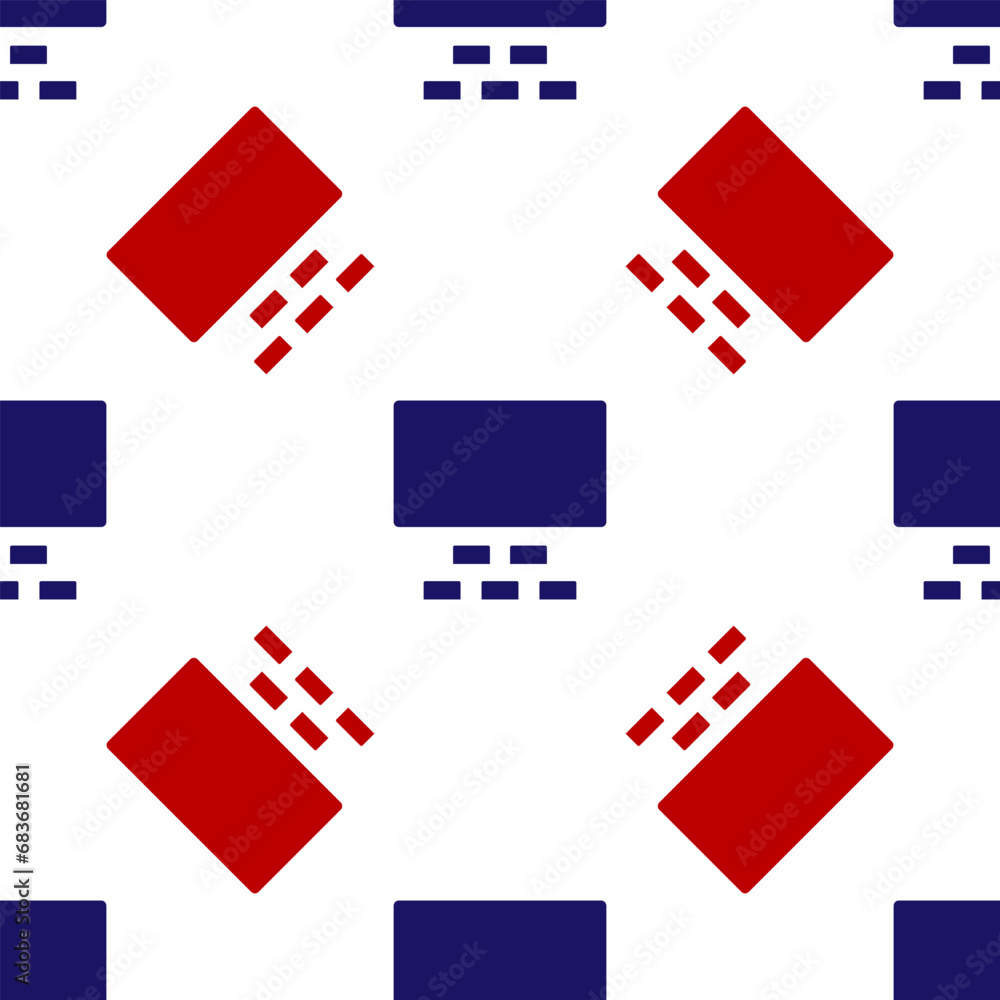 Sticker Blue and red Cinema auditorium with screen and seats icon isolated seamless pattern on white background. Vector